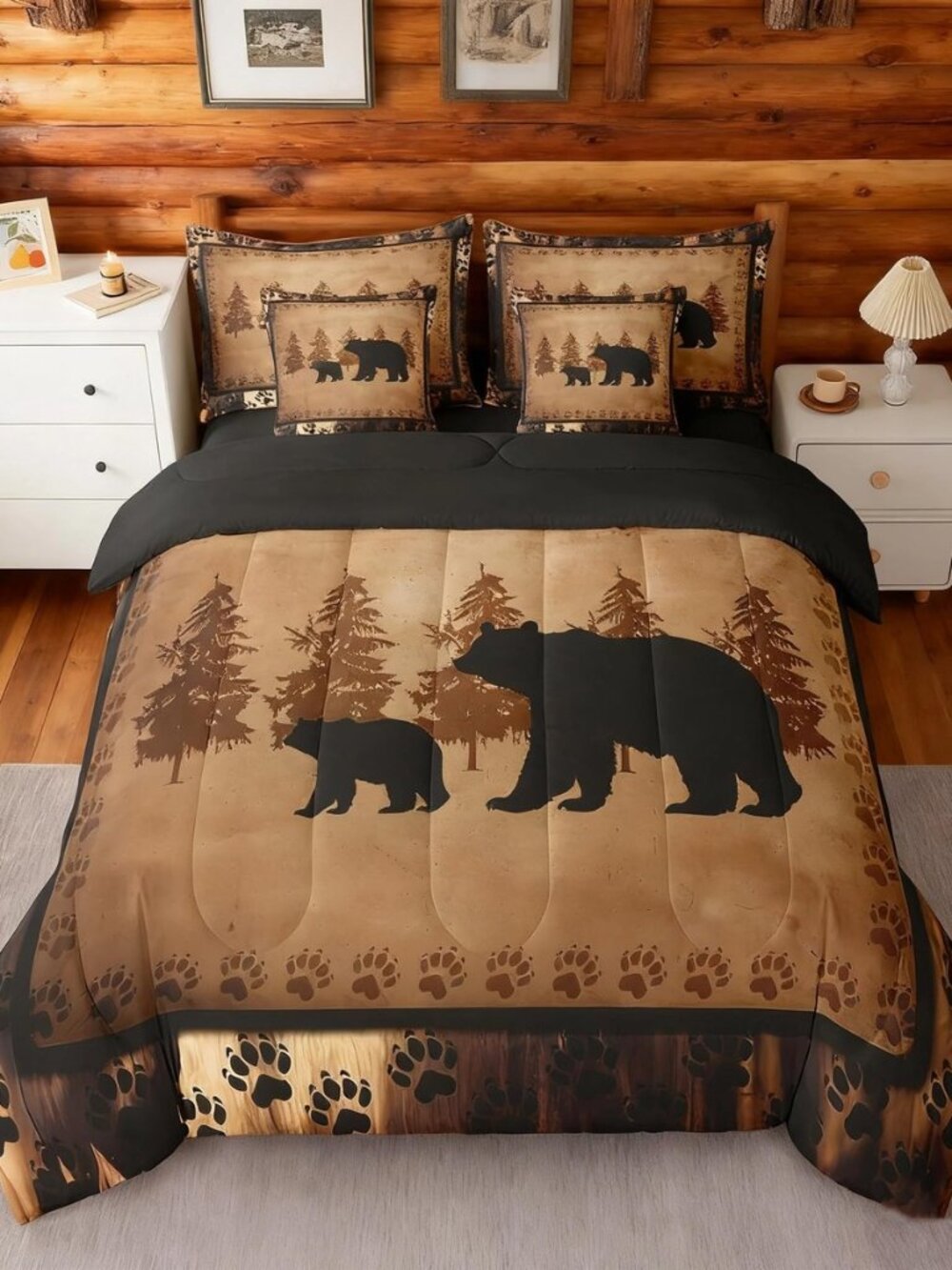 Bear Comforter Set Queen Size 7 Pcs Cabin Lodge Bed in a Bag Rustic Wild Animals